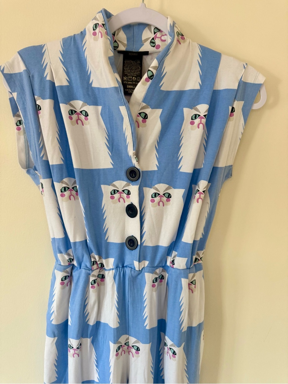 Nooworks Light Blue Cat Print Skinny Jumpsuit grumpy romper overalls - Picture 6 of 12